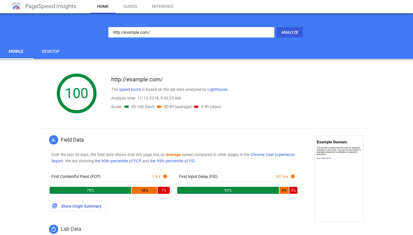 Example of Google's Page Speed Insights 