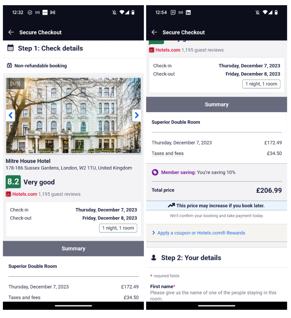 Screenshot of the checkout screen on the Hotels.com app